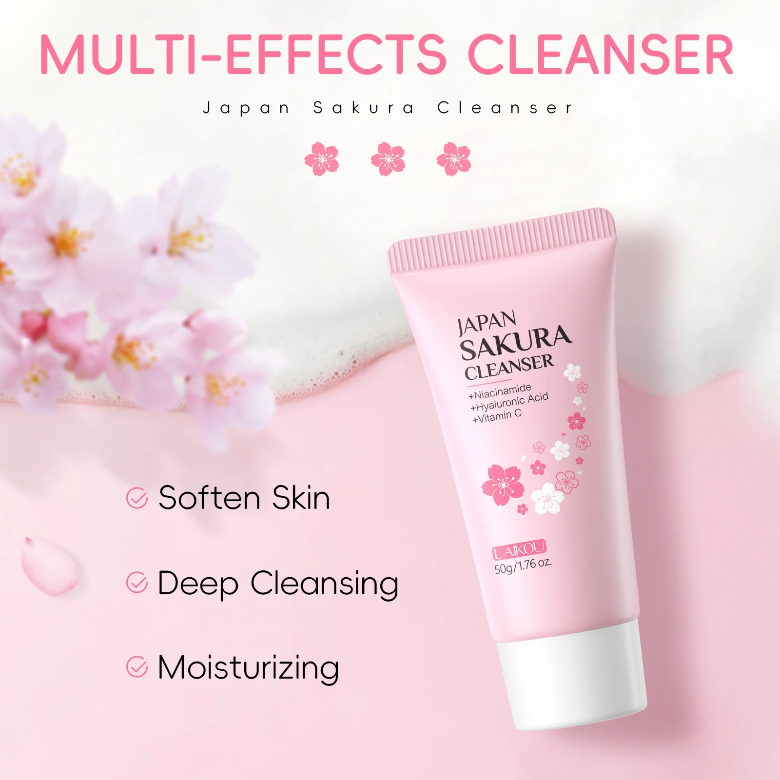 LAIKOU Japan Sakura Facial Cleanser Oil Control Cleansing Face Wash Cream Pore Clean