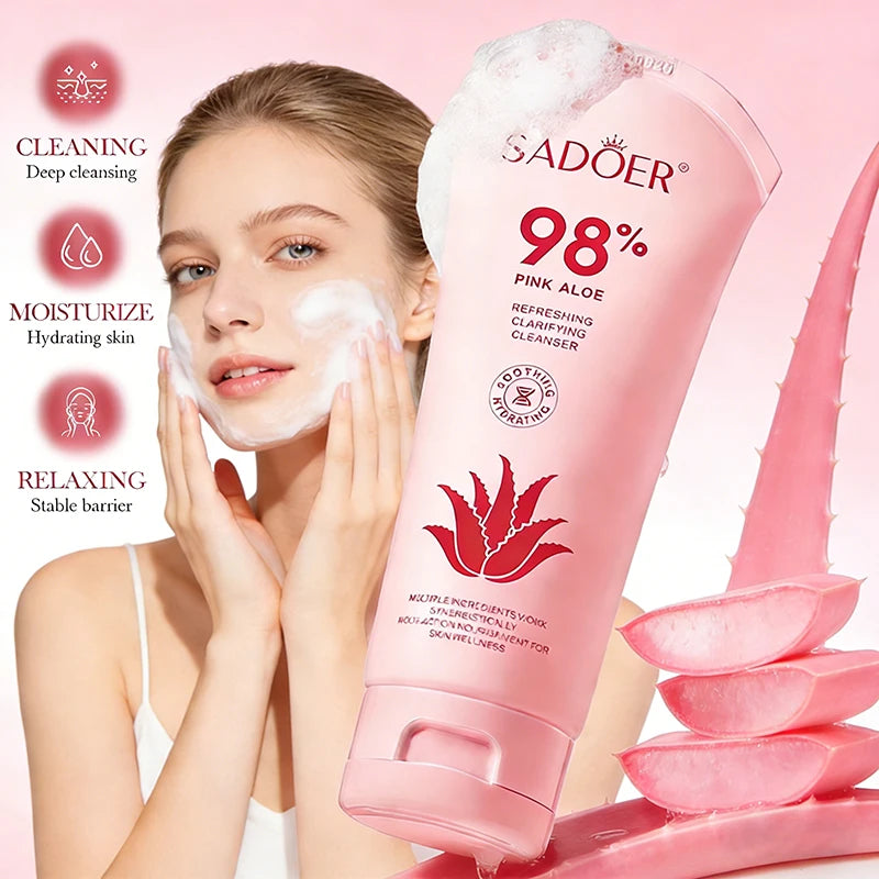 SADOER Pink Aloe Facial Cleanser Moisturizing Deep Cleansing Anti-aigng Soothing Face Wash Foam Facial Cleanser Skin Care