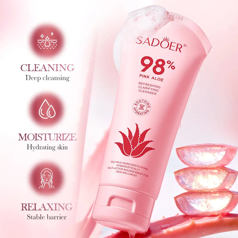 SADOER Pink Aloe Facial Cleanser Moisturizing Deep Cleansing Anti-aigng Soothing Face Wash Foam Facial Cleanser Skin Care
