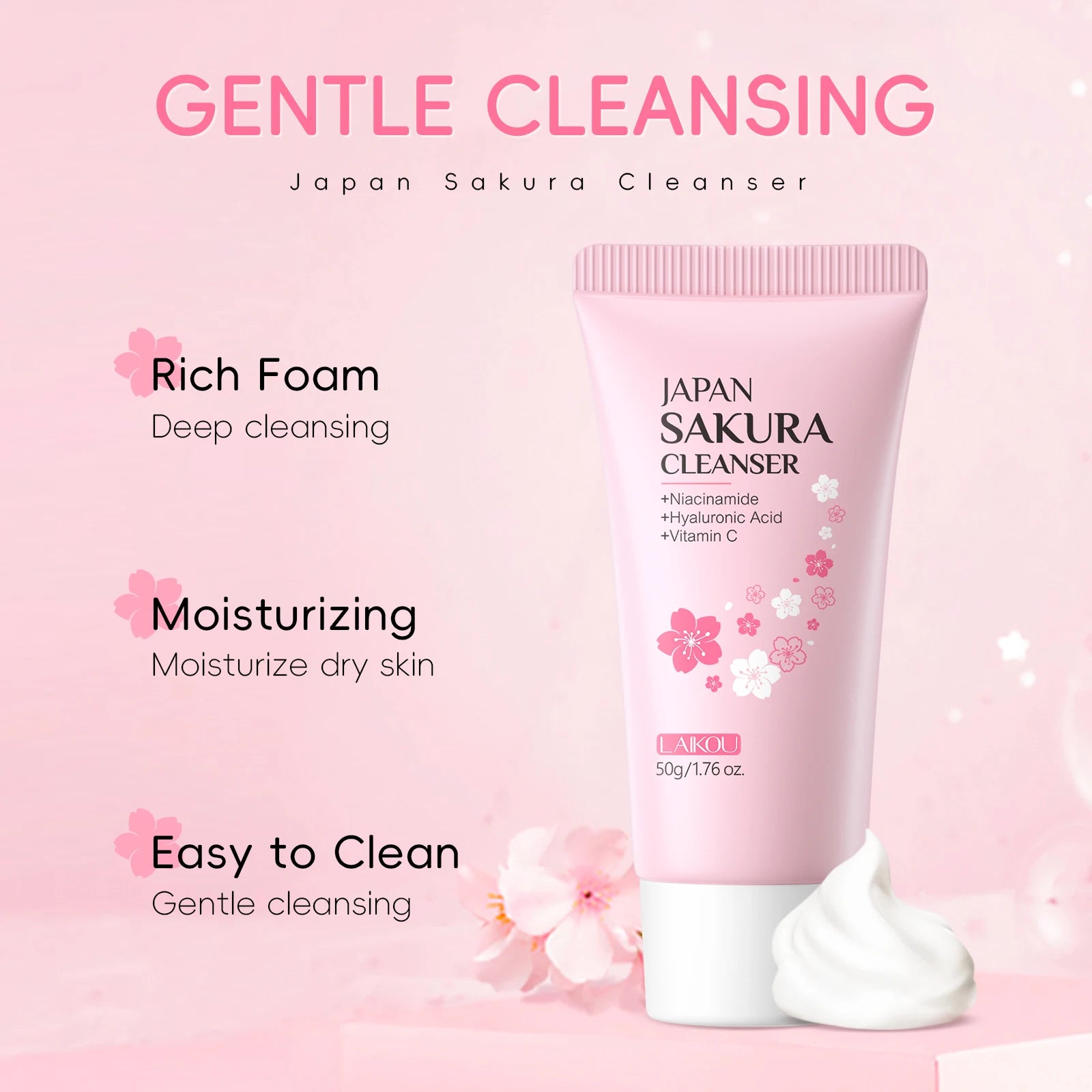 LAIKOU Japan Sakura Facial Cleanser Oil Control Cleansing Face Wash Cream Pore Clean
