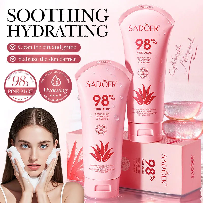 SADOER Pink Aloe Facial Cleanser Moisturizing Deep Cleansing Anti-aigng Soothing Face Wash Foam Facial Cleanser Skin Care