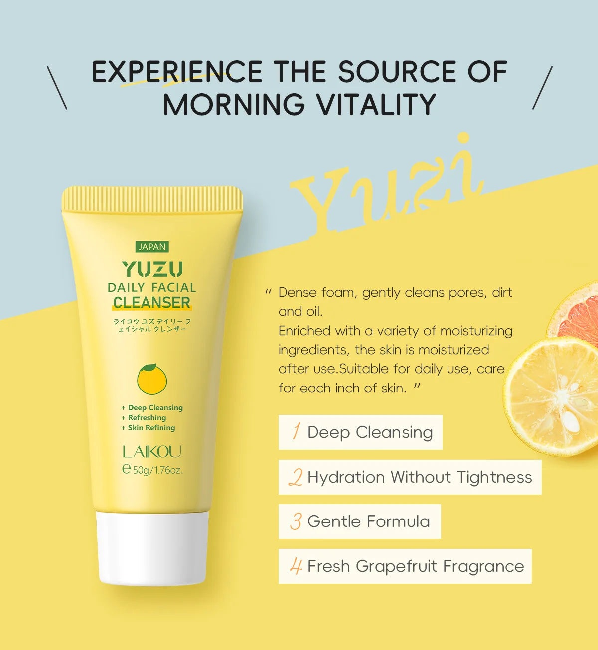 LAIKOU Grapefruit/YUZU Face Cleanser 50g Gentle Deep Cleansing Face Wash Rich Foam Facial Foam Oil Control Moisturizing Cleanser